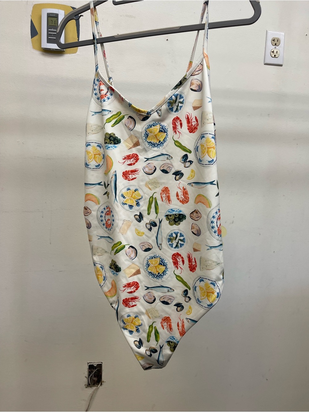 Lisa Says Gah White One-Piece Swimsuit with Multi-Colored Seafood Print